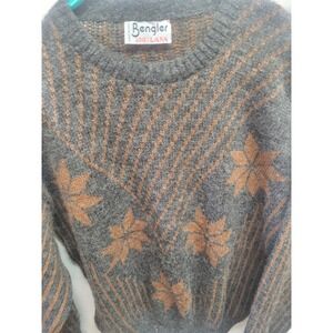 Vtg Bengler Wool Sweater Made In Italy Gray & Brown Floral Pattern Knitwear sz M